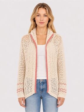 SWTR Sweater Crochet‎ Open Front Cardigan Top Size Small White Pink Hooded NWT